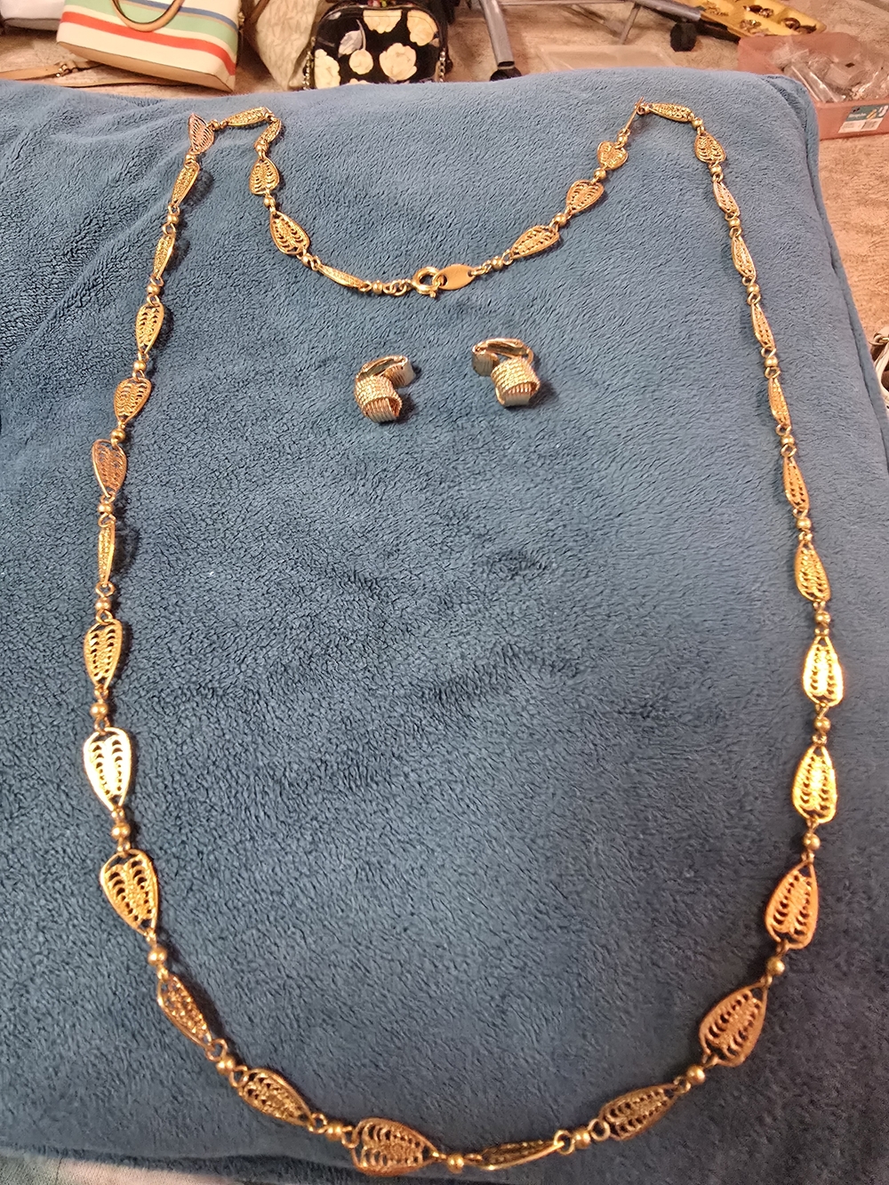 Gold-Tone Filigree Leaf Necklace and Hoop Earrings Set